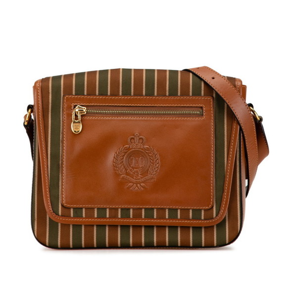 CELINE Triomphe Striped Shoulder Bag Brown Green Canvas Leather - Picture 1 of 7